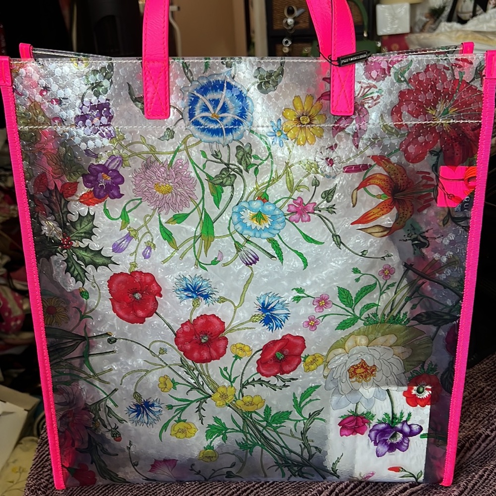 Gorge Gucci Vinyl floral printed Flora tote bag with pink leather trim/handles - Picture 5 of 12